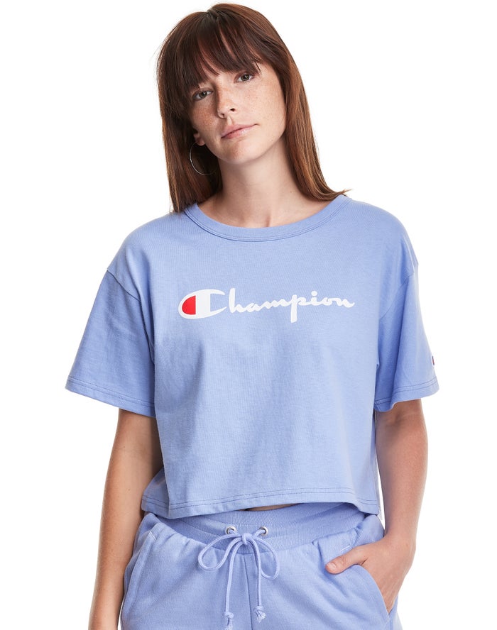 Champion Heritage Cropped Script Logo - Naisten VaaleanSininen T-Paita - Suomi 1697504-LO